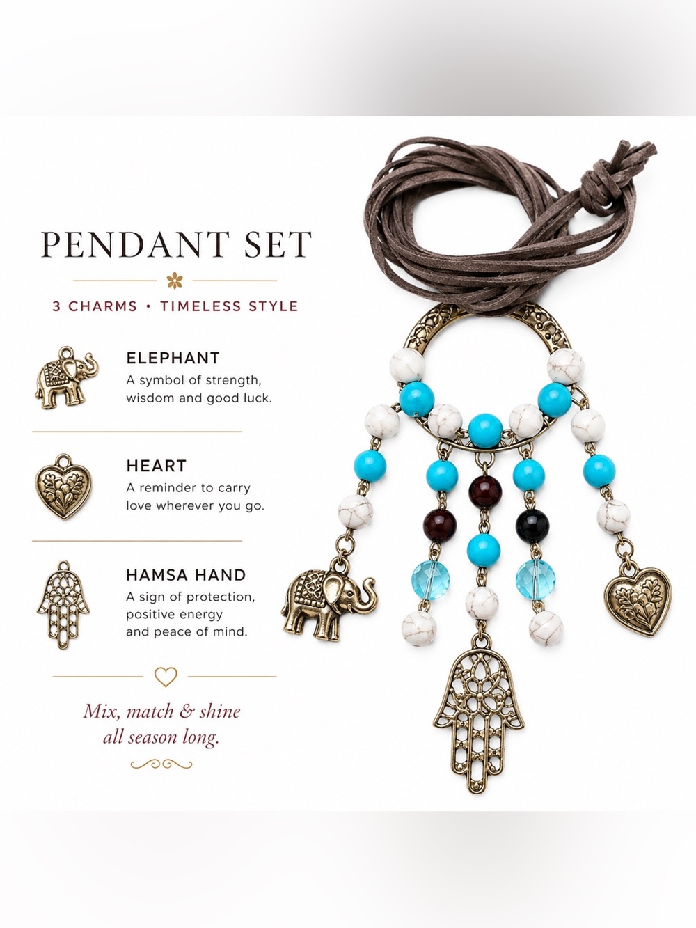 Boho Elephant Hamsa Heart Pendant Necklace Set Leather Cord Dreamcatcher Style